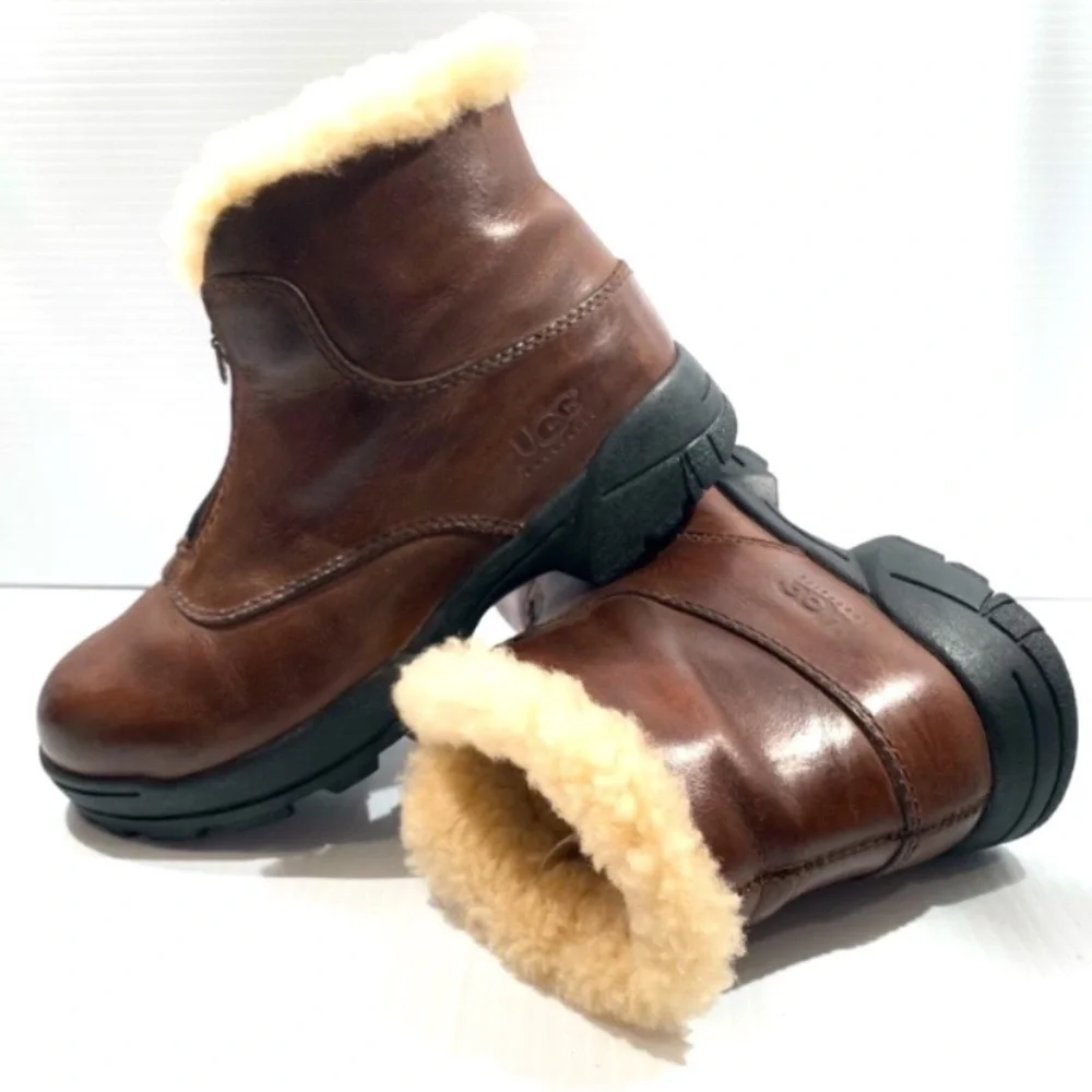 UGG Men’s Brown Leather Ankle Boots with Shearling Lining